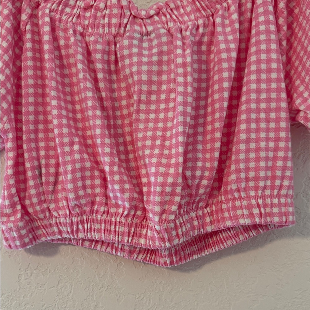 ❤️🔥EUC 100% Cotton Chic Pink Checkered Cropped Blouse - Picture 4 of 12